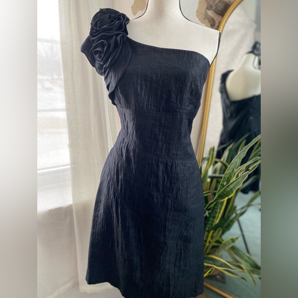 Jessica Howard Black Rosette Crepe Textured Dress Size L